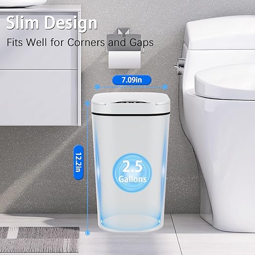 2 Pack Automatic Small Bathroom Trash Can with Lid - 2.5 Gallon Touchless Electric Garbage Can Motion Sensor Smart Trash Bin Slim Plastic Trashcan Waterproof Wastebasket for Bedroom Office (White)
