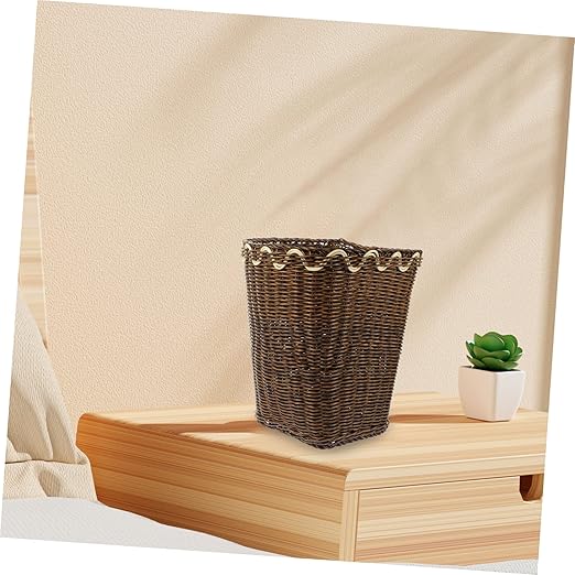 TEHAUX Woven Trash Basket Pastoral Style Garbage Bin for Bathroom Natural Plastic Wastebasket Decorative Woven Container for Office and Home Use