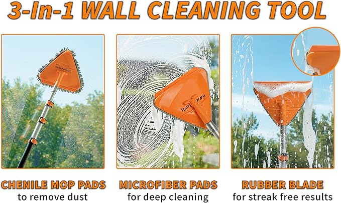 4-12 ft Wall Cleaner Tool with Extension Pole // 3-in-1 Wall Washer Mop for Painted Walls Baseboards Windows and High Ceilings // Long Handle Wall and Baseboard Cleaning Mop with 4 Replacement Pads