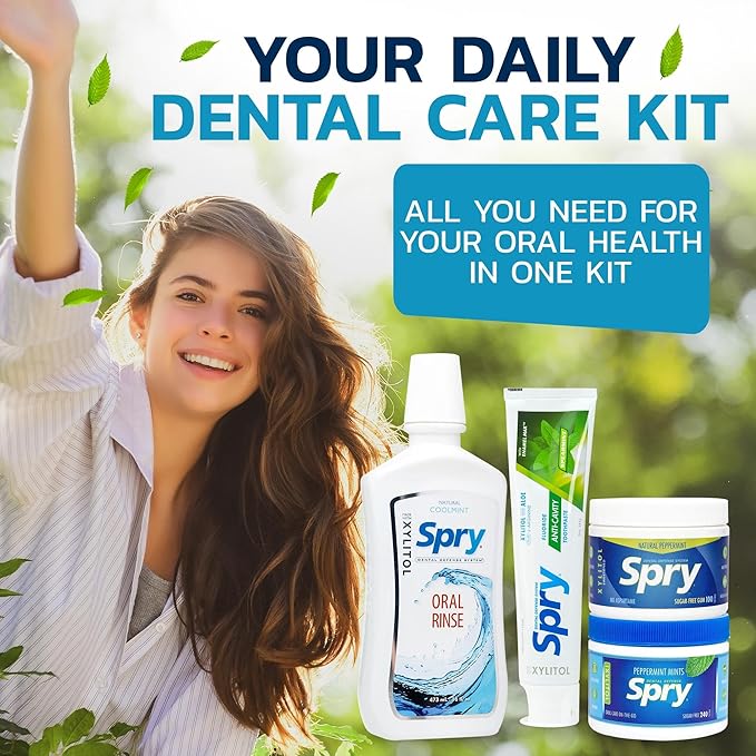 Spry Total Dental Health Kit All Day Oral Care and Gum Health Kit Including Xylitol Sugar Free Gum Candy Mints Oral Rinse and Spearmint Toothpaste