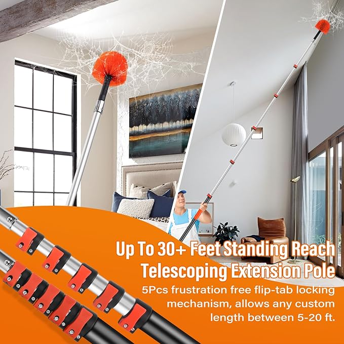 30FT Reach Cobweb Duster with Extension PoleSpider Web Brush for Cleaning with 5-24FT Telescoping Pole5-Stage Lightweight &amp Sturdy Telescopic Web Cobweb Duster Pole for Outdoor Indoor Use