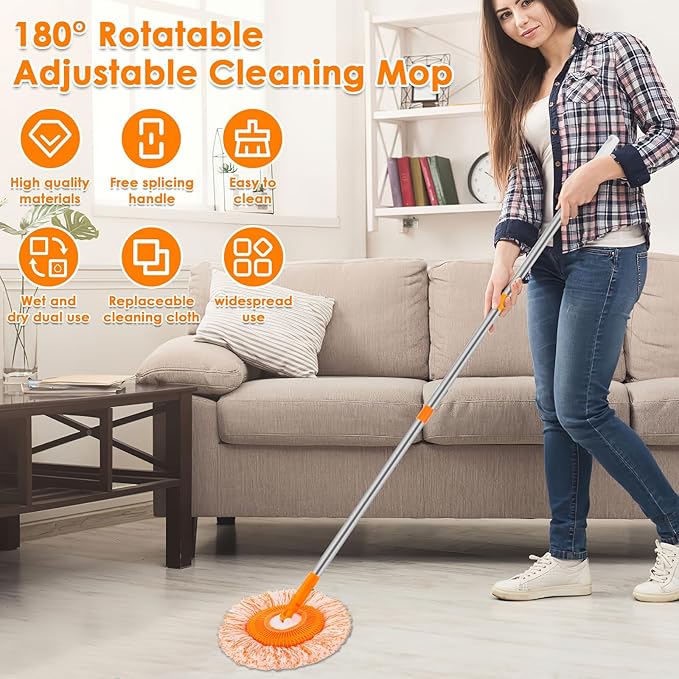 Wall Cleaner Mop with 90 Long Handle Baseboard Cleaner Tool Duster Round Dust Mop with 5 Replacement Pads  Dry and Wet Ceiling Cleaning Tool for Painted Walls Window Floor