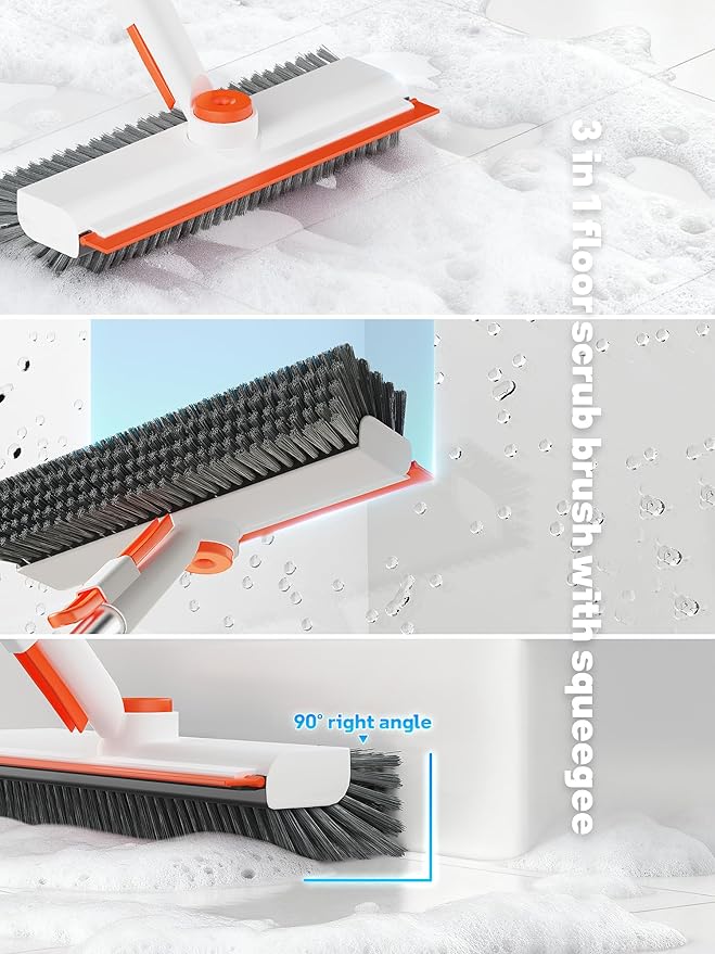 Floor Scrub Brush with Long Handle 3 in 1 Scrape and Heavy-Duty Stiff Bristle Floor Scrubber Brush with Squeegee and Tweezer for Cleaning Tile Wall Deck (Orange and White)