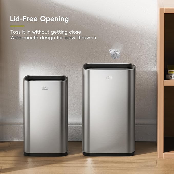 EKO 2-Pack Open Top Trash Can with Removable Inner Basket Square Small Garbage Can 1.8 + 3.2 Gallon Wastebasket Combo for Kitchen Bathroom Office Home (Stainless Steel)