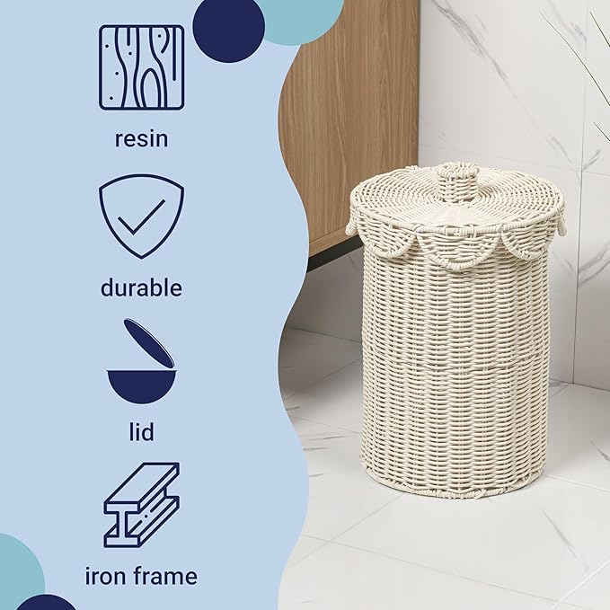 happimess HPM1408W Fern Modern Bohemian Resin 2.9-Gallon Cylinder Wicker Watebasket with Scalloped Lid White