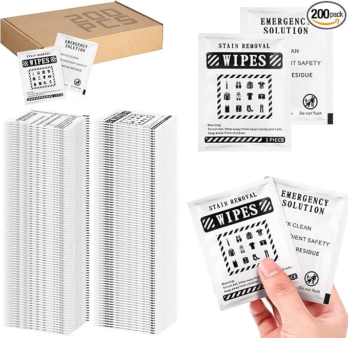 Timgle 200 Pcs Stain Remover Wipes Individual Wrapped Wipes Stain Remover Mini for Clothes Fabric Laundry Carpet Messy Eater Car Seat Upholster Clean (Black)