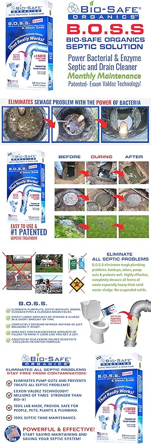 B.O.S.S.- Bio-Safe Organics Septic Solution &amp Drain Care 12.5 oz Powder - Patented Bacteria Enzyme Exxon Valdez Septic Tank Maintenance &amp Drain Care Formula All Septic Tank Systems &amp Drai