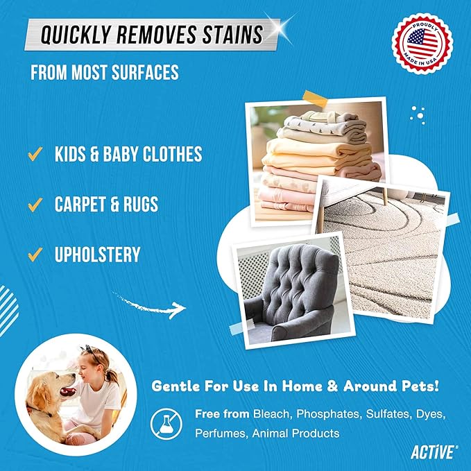 ACTIVE Messy Kids Stain Remover and Pet Odor &amp Stain Eliminator - Includes 12oz Messy Kids Stain Removal Spray and 32oz Pet Stain &amp Odor Remover Spray