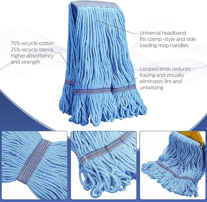 6 Pack Heavy Loop End Cotton String Mop Head Heavy Duty Mop Head Commercial Refills Mop Head Replacement for Home Industrial Commercial Floor Cleaning(Blue Orange)
