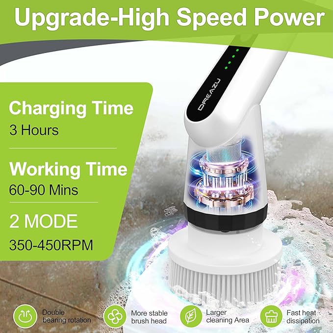 WKY-Electric Spin Scrubber - Upgraded 12-in-1 IPX7 Waterproof Shower Scrubber Retractable Handle &amp 2-Speed for Toilet Bathroom Bathtub Tile Floors