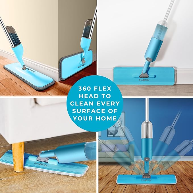 True &amp Tidy® SPRAY-250 Multi-Surface Spray Mop with Refillable Water Bottle for Floor Cleaning Works on Wood Tile Marble etc Use Any Cleaning Solution Machine Washable Microfiber Mop Pads Bl