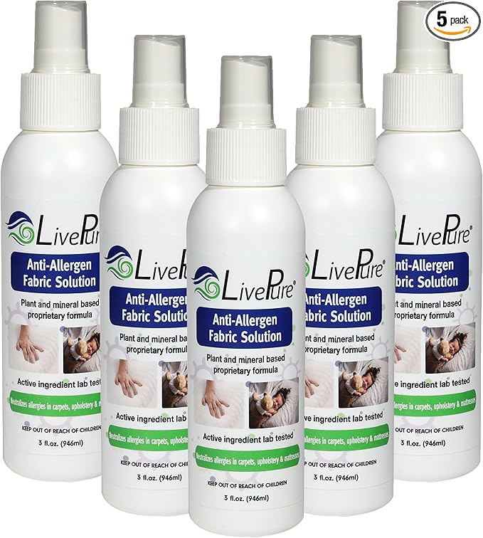LivePure Anti-Allergen 3 OZ Fabric Spray for Household Surfaces. Plant-Based Allergy Spray for Dust Mites and Pet Dander. Fragrance Free - 5 Pack