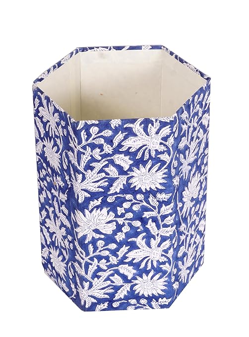 Handmade Cotton Paper Waste Basket Stylish Trash Can for Home or Office (1 Blue FLOWAR)