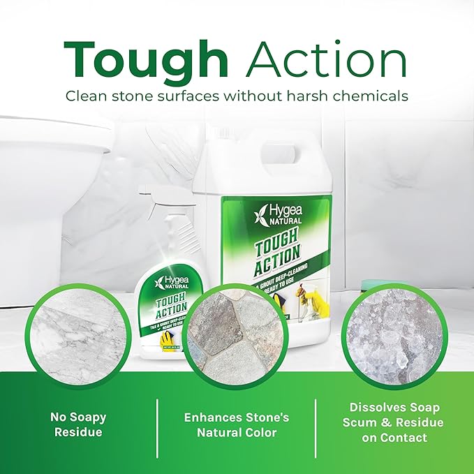 Hygea Natural Tough Action Tile &amp Grout Cleaner Duo - Deep Cleans Dirt &amp Scum &amp Enhances Stone Color - Acid-Free &amp Residue-Free Biodegradable Formula (24 oz Spray &amp Ready to Use Ga