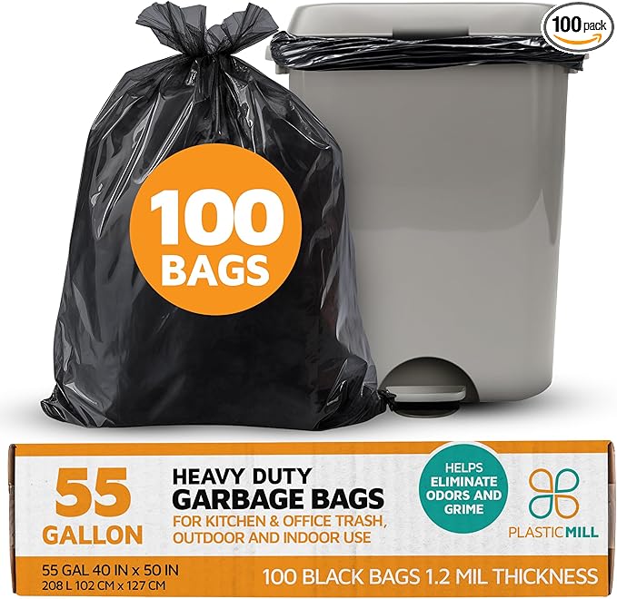 PlasticMill Heavy Duty Trash Bags - Black Garbage Bags - Plastic Trash Bags - Tall Trash Bags Trash Can Liners - 55-Gallon Large Kitchen Trash Bag 1.2 Mil 40x50 (100-Count)