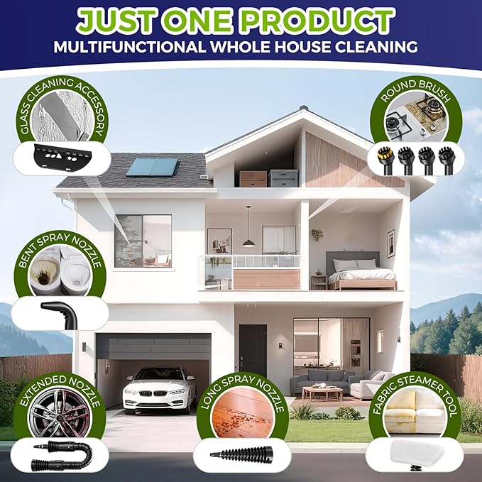 Steam Cleaner Pressurized Handheld Multi-Surface Natural Steam Cleaner with 12 PCS Accessories &amp Safety Lock 350ML Large Capacity Steamer for Car Home Upholstery Kitchen Window Grime Grea