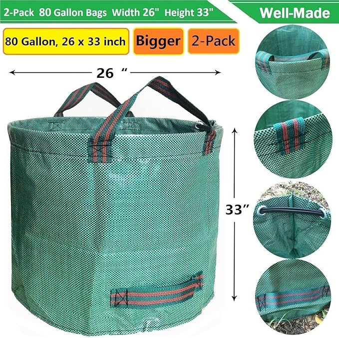 Professional 2-Pack 80 Gallon Lawn Garden Bags Big (D26H33 inch) Yard Waste Bags with Gardening Gloves for Leaf BagYard DebrisGarden PruningLawn Trash ContainerGrass ClippingsWeeds Bag 4 Handles