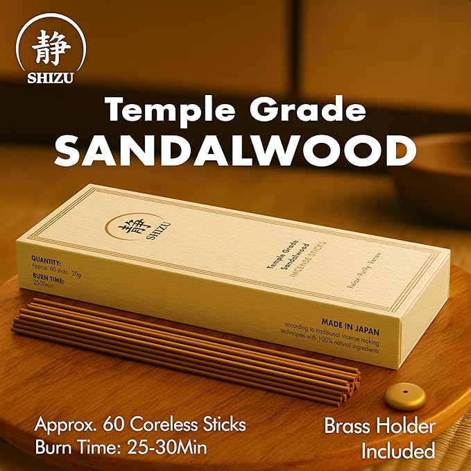 Shizu Sandalwood Incense Sticks – Artisanal Temple Grade Japanese Incense with Brass Holder – Calming Scent for Relaxation Meditation &amp Home Spa Elegant Gift Set (60 Sticks)