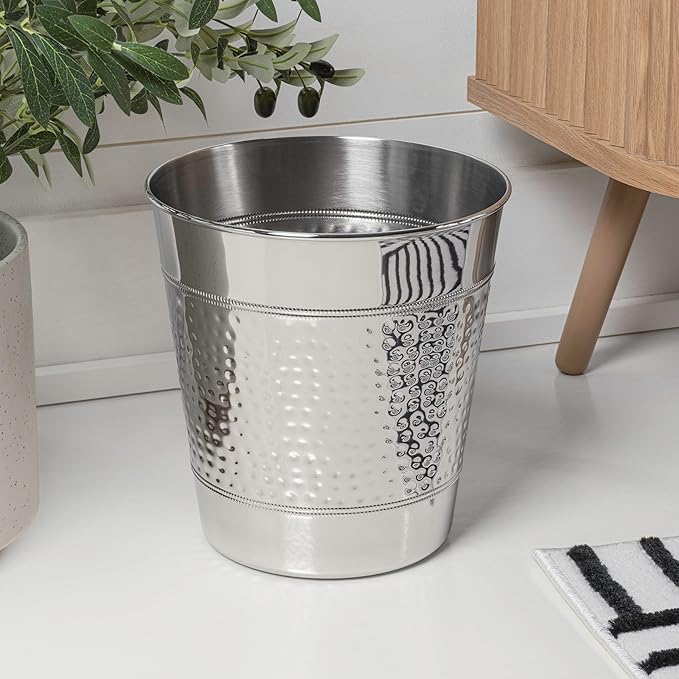 happimess HPM1111E Riley Modern Classic Hammered Steel Accent 2-Gallon Wastebasket for Home Bathroom Living Room Office Bedroom Kitchen Polished Steel