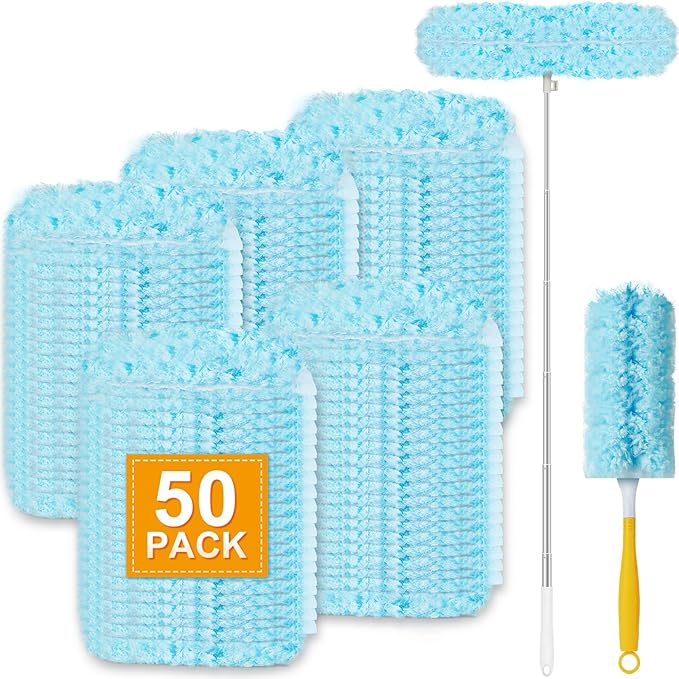 50Pcs Duster Refill Compatible with Swiffer Hand Duster +4FT Extended Handle +1 Handle 360° Heavy Duty Duster Refills Kit for Cleaning Office Ceiling Fan Baseboard &amp Blind
