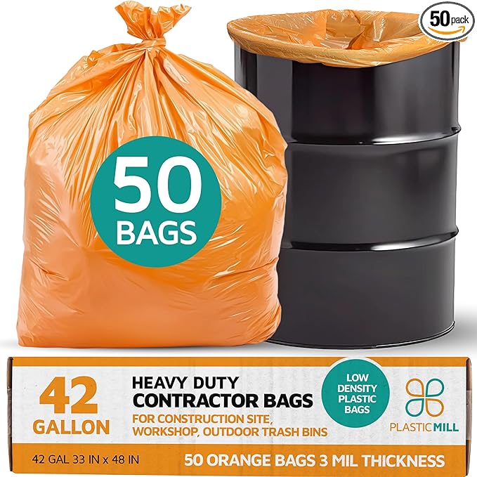 PlasticMill Contractor Bags Heavy Duty - Commercial Industrial Garbage Bags - Orange Construction Trash Bags - Outdoor Garden Trash Bags 42-Gallon 3 Mil 33x48 (50-Count)