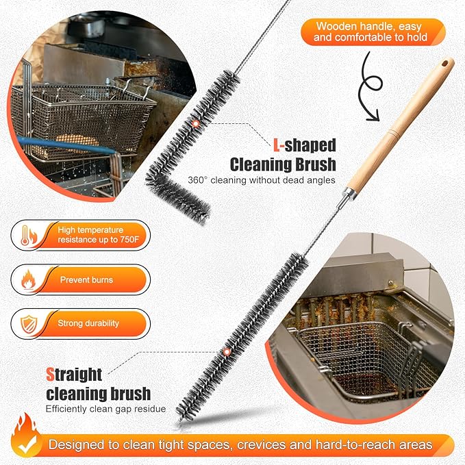 Fryer Cleaning Tool 5 Piece Set Deep Fryer Basket Brush Long Handle L-Shaped &amp Straight Crevice Cleaning Brush Cleanout Rod Kit and V-Shaped Strainer Scoop for Restaurant Kitchen Maintenance