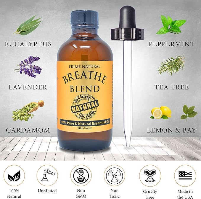 Prime Natural Breathe Essential Oil Blend 4oz - Pure Undiluted Therapeutic Grade for Aromatherapy Scents &amp Diffuser - Sinus Relief Allergy Congestion Cold Cough Headache