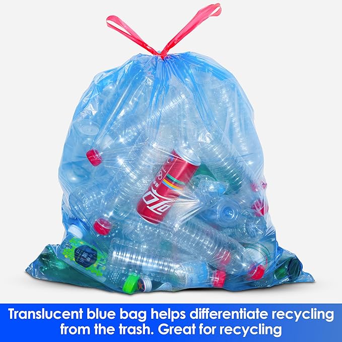30 Gallon Recycling Trash Bags Unscented 120 Count Drawstring Garbage Bags Pre-Separated Ultra Strong Leakproof Sturdy Translucent Blue