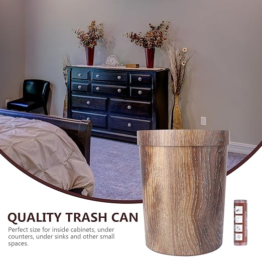 Vintage Wood Grain Trash Can Garbage Bin 10L Plastic Wastebasket with 1 Roll Trash Bags for Bedroom Kitchen Living Room Home Office Use