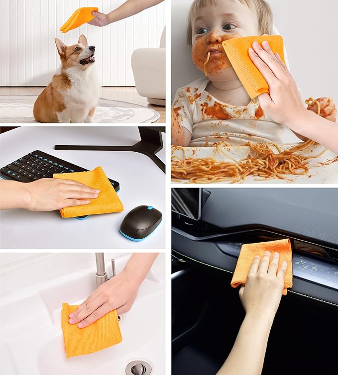 KitchLife Microfiber Cleaning Cloth Roll 100 Pack - Tear-Away Microfiber Paper Towels Lint-Free Reusable Washable for Kitchen Car Dishes and Sensitive Surfaces (Tangerine Yellow)