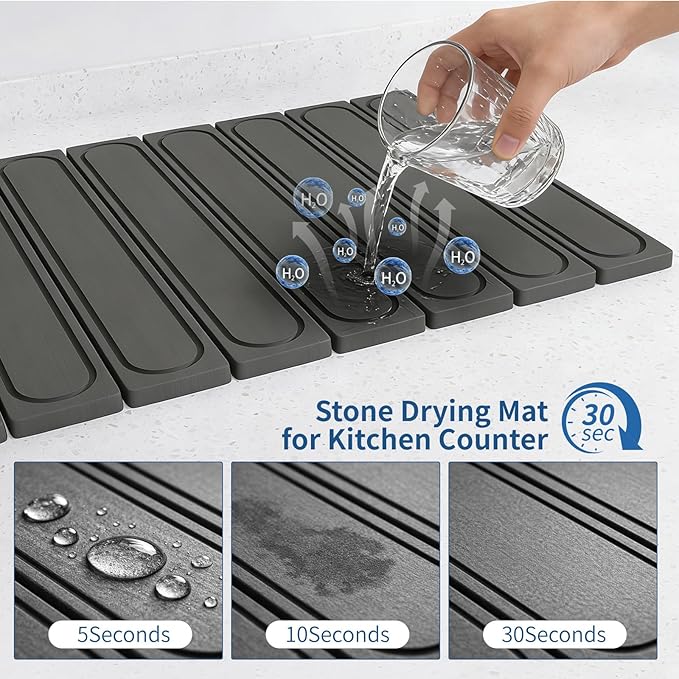 Hopegiver Stone Drying Mat for Kitchen Counter 24 x 16 Quick Dry Diatomaceous Earth Dish Drying Mat Super Absorbent Non-Slip &amp Foldable Modern Gray Carve Countertop Mat (GrayCarve24''x16'')