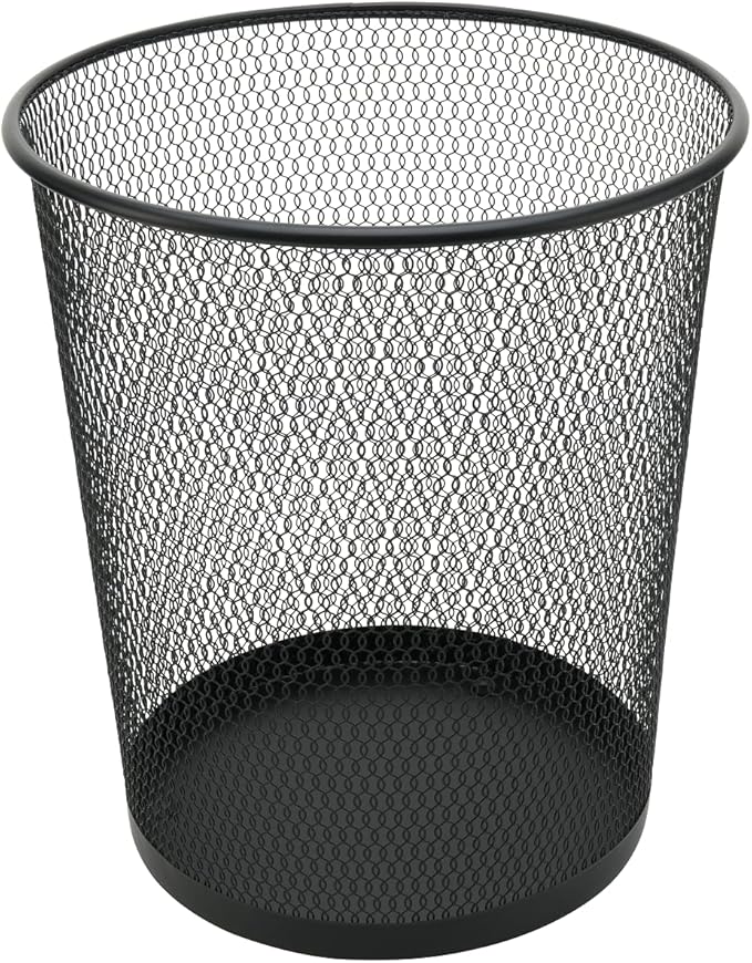YBM Home Wire Steel Mesh Trash Can - 4.75-Gallon Waste Basket for Under Desk Office Home Bathroom Laundry Room - Round Open Top Metal Wastebasket Trashcan Black