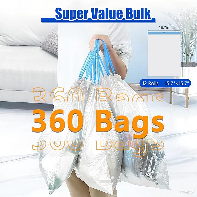 Small Trash Bags 1.6 Gallon 360 Count -1.2 Mil Drawstring Mini Garbage Bags White Plastic Trash Can Liners for Bathroom Accessories 6 Liter Bedroom Dorm Room Essentials Office