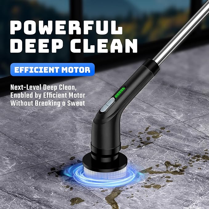 Shower Scrubber with Long Handle - Bathroom Power Electric Spin Scrubber for Cleaning Bathtub with 7 Brush Heads - Cordless IPX7 Waterproof Automatic for Grout Tile Tub Toilet Car