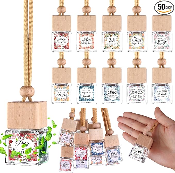 50 Pack Christian Thank You Gift Bulk for Mother Hanging Car Air Freshener Diffuser Empty Essential Oil Glass Car Bottle Employee Team Appreciation Gift for Christian Sunday School(Square)
