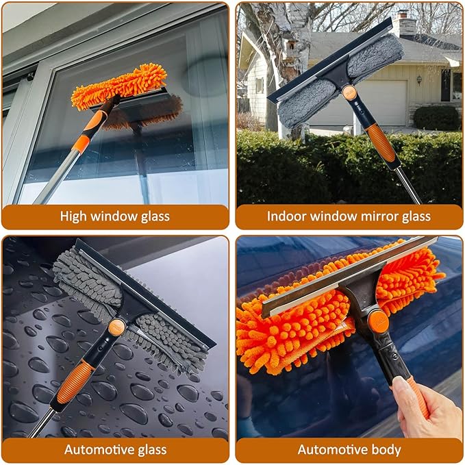 20 ft+ Reach Squeegee Window Cleaner Duster 2 in 1 Rotatable Window Cleaning Tool Kit with 3-14 ft Extension Pole Window Washing Equipment for Indoor Outdoor Window Car Glass - 3 Pads