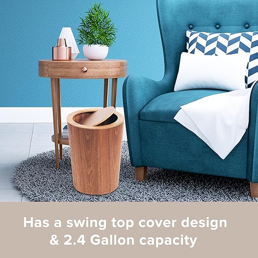Modern Round Trash Can with Lid - Wood Grain Waste Basket in Walnut - 9.25x7.5x11.8 Swing Top Small Trash Can - Decorative Small Garbage Can for Bedroom Living Room Office &amp Bathroom