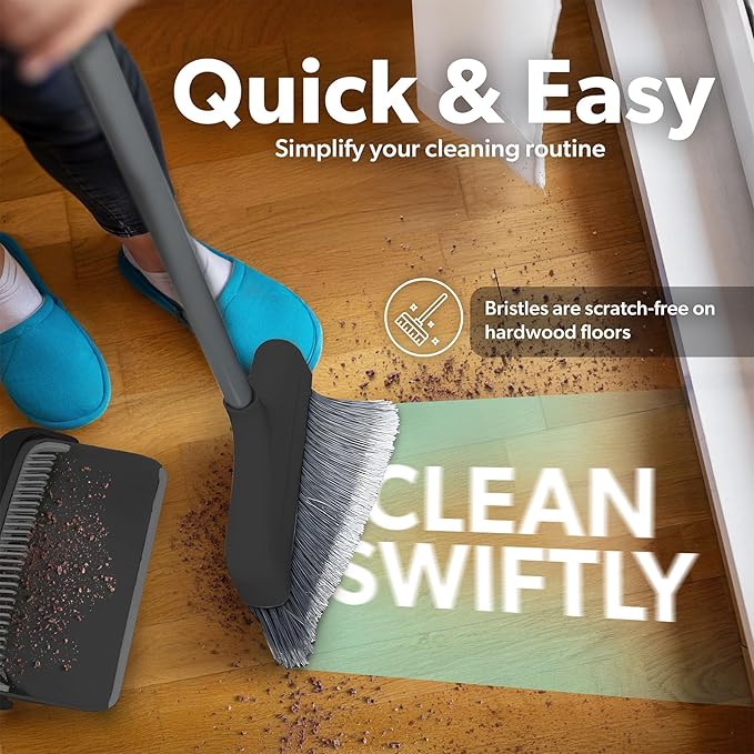 BLACK+DECKER Butler Broom &amp Dustpan Set - Stand-Up Design - Lightweight Space-Saving Combo for Kitchen Living Room Bathroom Lobby Floors - Home Cleaning Essential Black/Grey