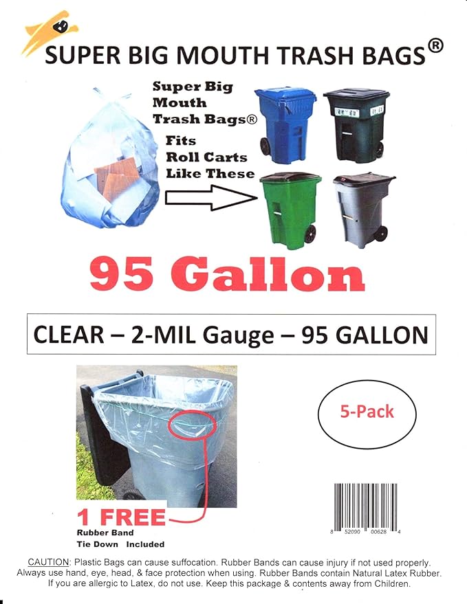 95 Gallon CLEAR Super Big Mouth Trash Bags - 2-MIL - 5-PACK Plus 1 Free Rubber Band Tie-Down