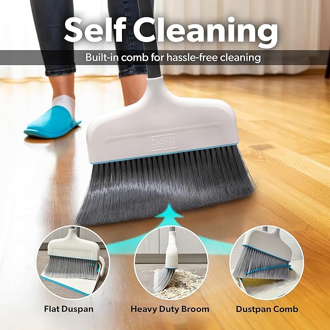 BLACK+DECKER Butler Broom and Dustpan Set for Home Short Handle Stand Up and Lightweight Space Saving Dust Pan and Broom Combo for Kitchen Living Room Bathroom Lobby Floor Use