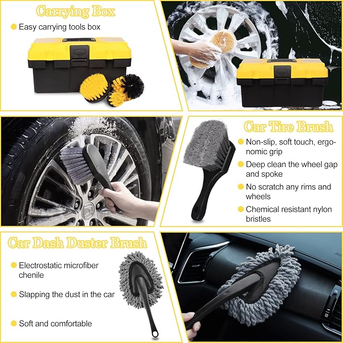 TTRCB 27Pcs Car Detailing Kit Car Detailing Brush Set Auto Detailing Drill Brush Set Car Detailing Brushes Car Wash Kit Car Accessories Car Cleaning Tools Kit for Interior Exterior Wheels