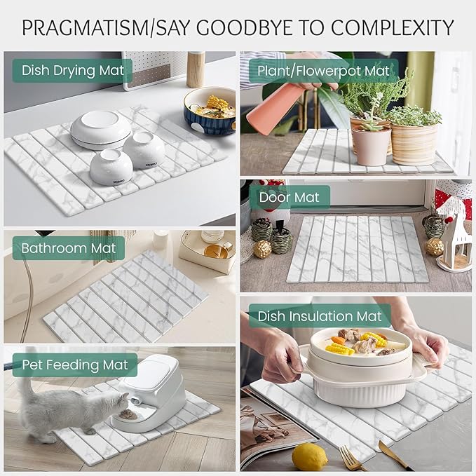 Stone Dish Drying Mat Collapsible Diatomaceous Earth Absorbent Mat Quick Dish Drying Pad Dish Rack Pad Match Any Counterto Multiple Usage for KitchenBathroom (White Marble Pattern 24L x 16W)
