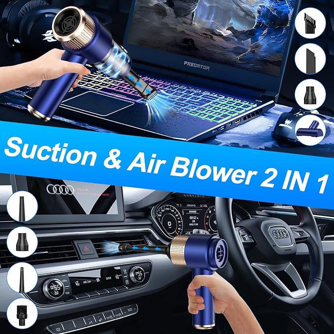 Mini Vacuum Cleaner 15000PA Car Vacuum Cleaner Portable Cordless with LED Light 4 in 1 Air Duster and Handheld Small Vacuum Rechargeable for Car Home Office Pet（Blue）