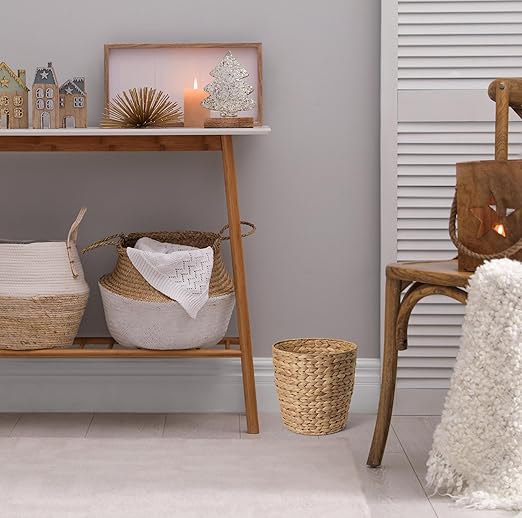 2-Pack Woven Waste Basket for Bathroom Bedroom or Living Room | Wicker Wastebasket Style Handwoven Basket Made from Water Hyacinth | Modern Boho Storage Basket