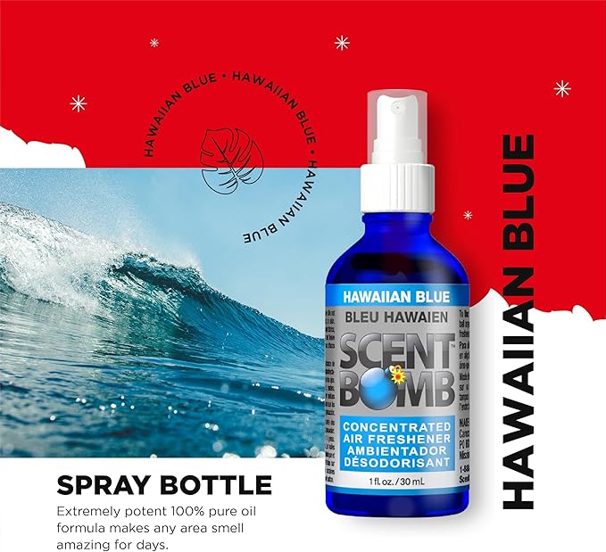 Scent Bomb Air Freshener Bundle - 1 oz &amp 8 oz Bottle Sprays Vent Clip Organic Cans Hanging Circle - Continuous Freshness &amp Long-Lasting Odor Eliminator for Car Home Bathroom - Hawaiian Bl