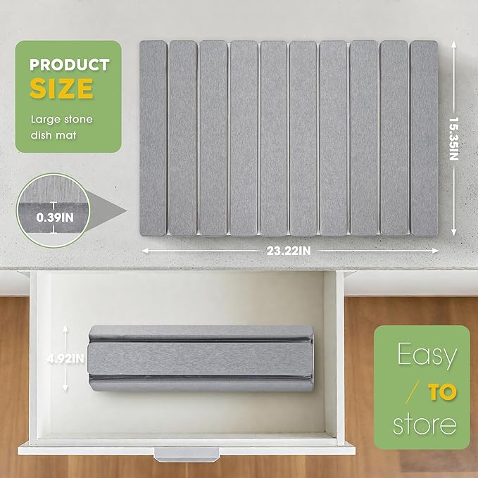 HABUTWAY Large Stone Dish Drying Mat for Kitchen Counter Quick Dry Collapsible Diatomaceous Earth Dish Drying Mats Water Absorbent Drying Mat for Dishes Bottles Cups Foldable (LIGHT GREY 24L×16W)