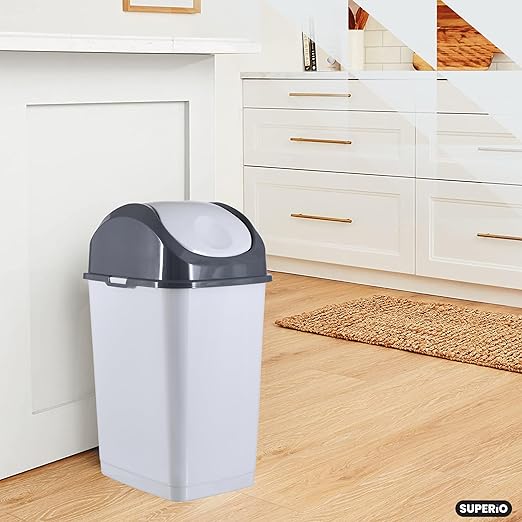 Superio Kitchen Trash Can with Swing Top Lid 9 Gallon Slim Waste Bin 37 Qt Sturdy Plastic Garbage Can Medium Recycling Bin for Office Bathroom Under Counter Dorm Bedroom (Smoke White/Grey)