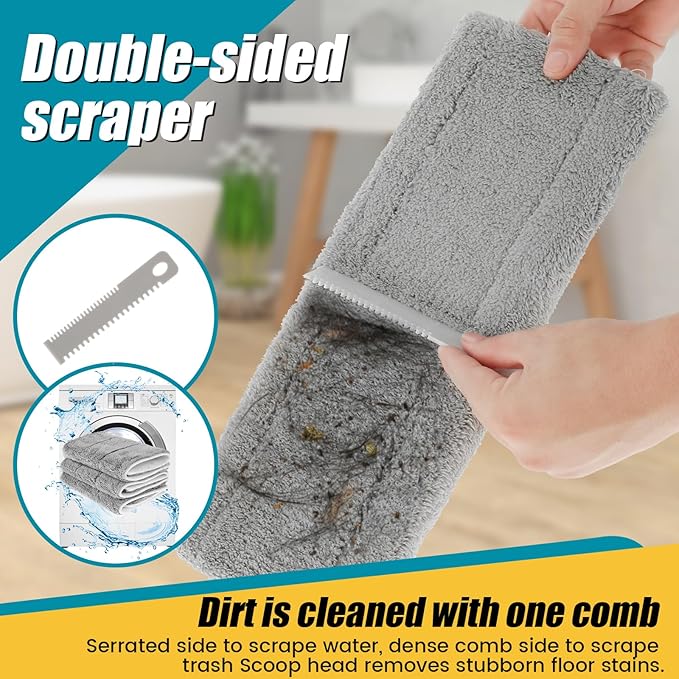Microfiber Dust Mop with Adjustable Handle360 ° Rotating Floor Cleaning Mop with 3 Replacement Mop Pads Scraper 32inch Long Handle Flat Floor Mops Wet or Dry Microfiber Cleaning Mop for Floor