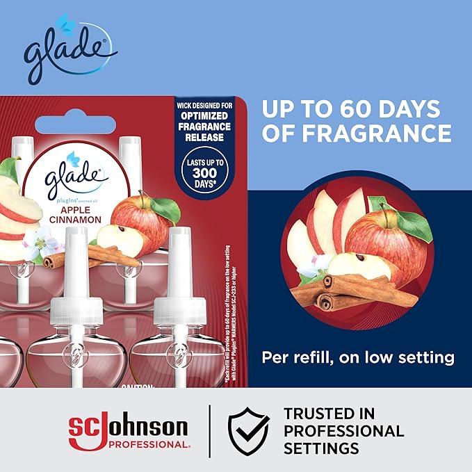Glade PlugIns Refills Air Freshener Scented and Essential Oils for Home and Bathroom Apple Cinnamon 3.35 Fl Oz 5 Count (Pack of 5) 25 Refills Total