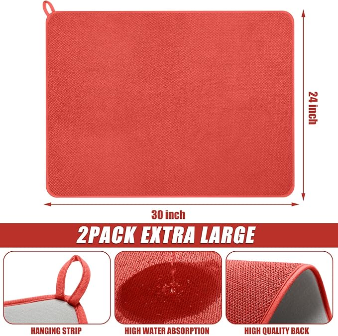 Hushee 2 Pack Extra Large Dish Drying Mat Microfiber Absorbent Dish Drying Pad Large Size Dishes Drainer Mats for Countertop Sink Refrigerator or Dryer (30 x 24 InchRed)